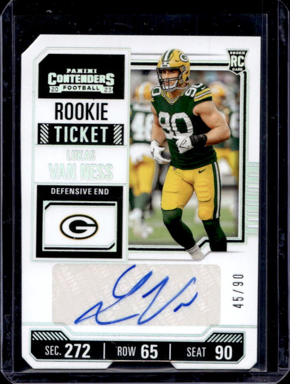2023 Contenders Lukas Van Ness RC Season Ticket Stub Auto Rookie #45/90 Packers