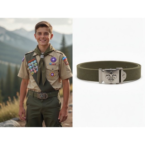 Boy Scouts of America BSA Olive Green Web Uniform Belt Fleur-de-Lis Buckle 31in