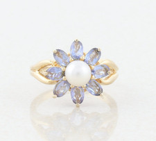 14k Yellow Gold Natural Purple Tanzanite and Pearl Flower Ring Size 8 1/4