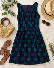 Banana Republic Linen Blend Navy Teal Circle Print Sleeveless Dress Flare Sz 6