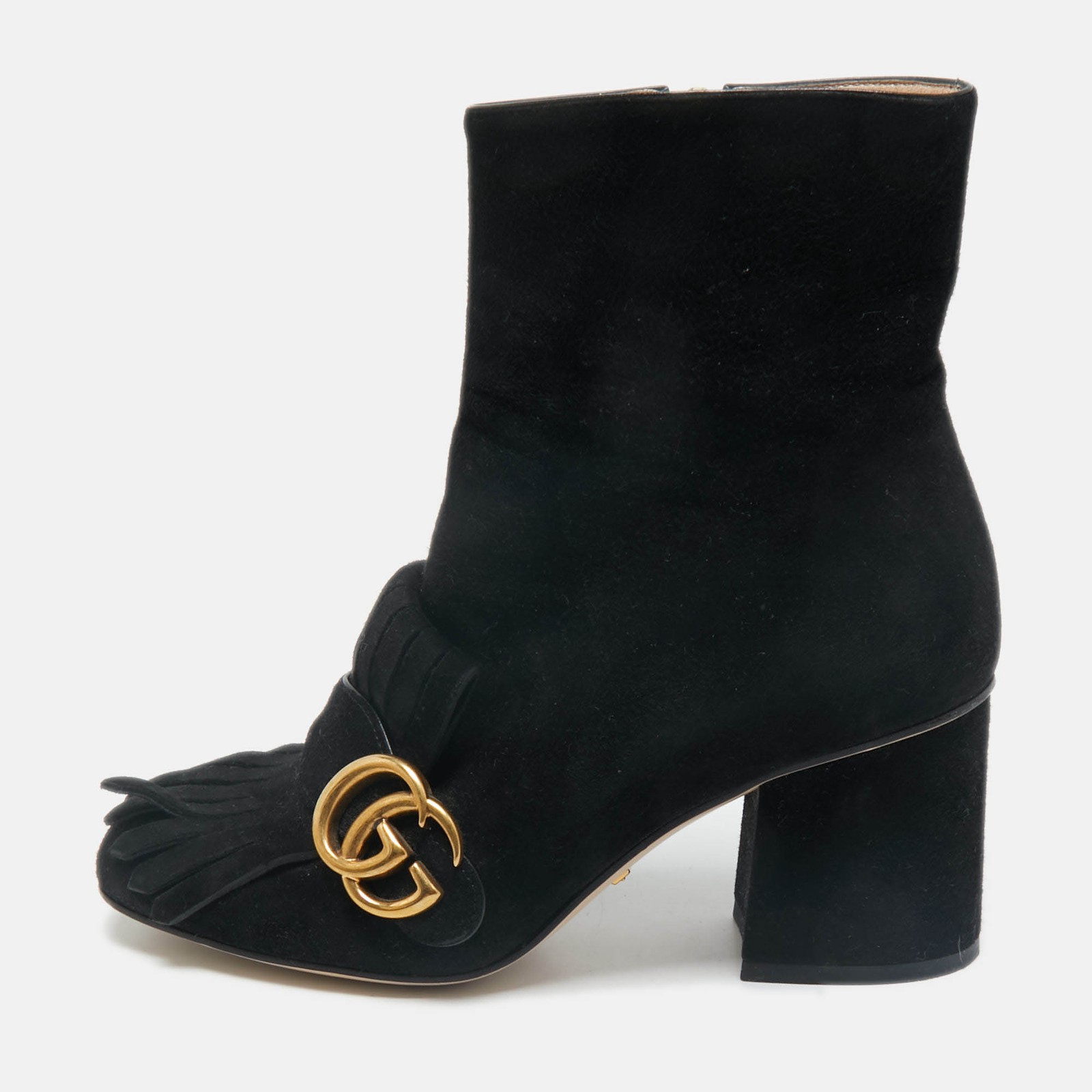 Gucci Black Suede GG Marmont Fringe Block Heel Ankle Length Boots Size 36