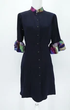 La Fuori Dress Womens M Navy Silk Sequin Trim Button Front Elegant Chic