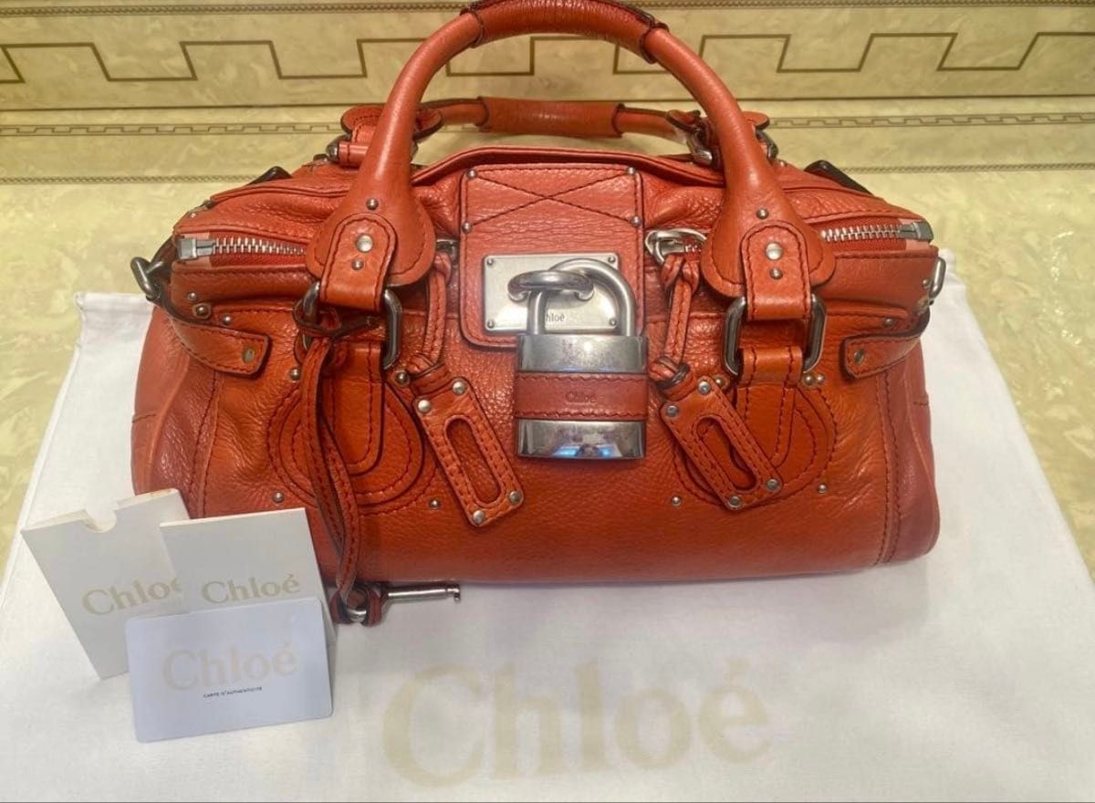 Chloe Paddington Red Orange Leather Handbag Padlock Silver Lock