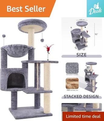 Cozy Grey Cat Tower: 4 Levels of Fun, Luxury & Scratching Posts for Your Kitten