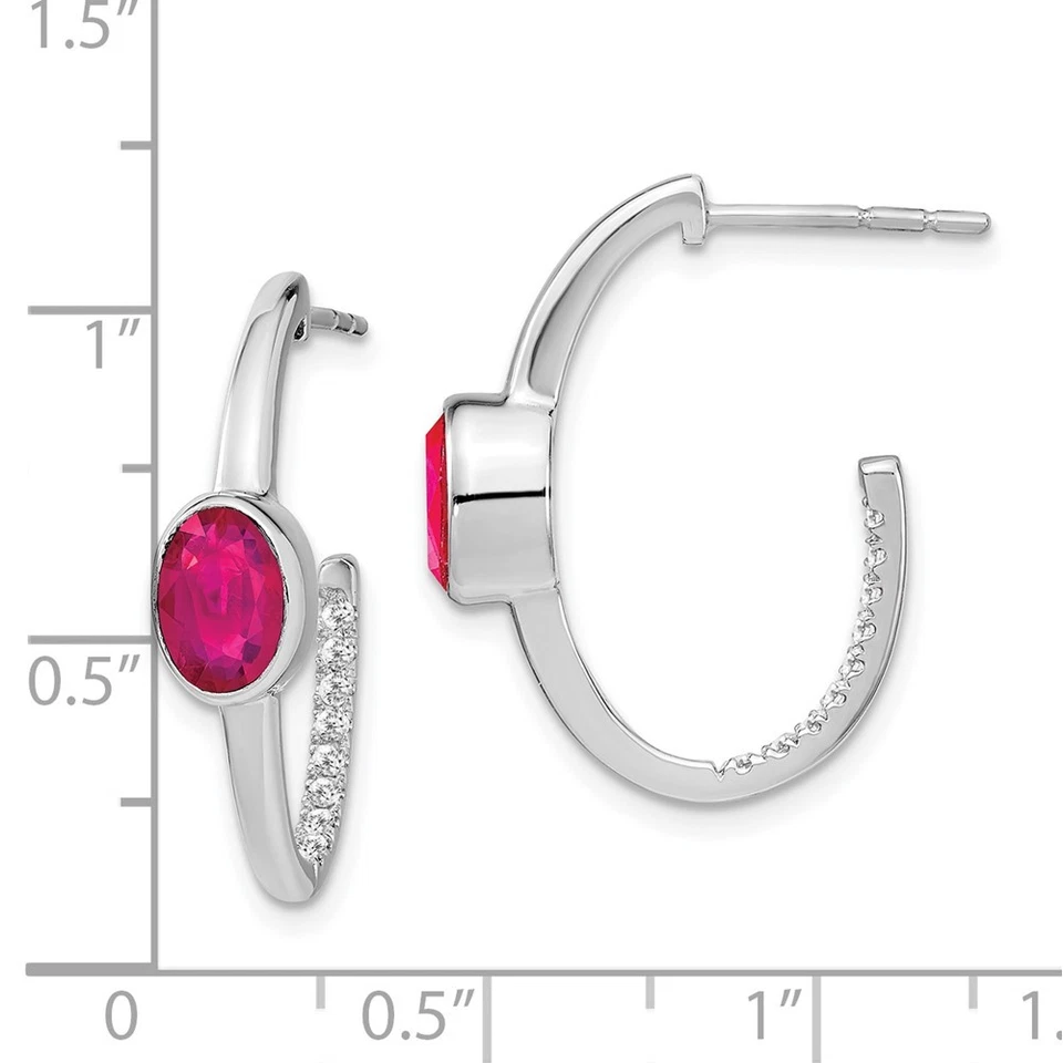 14k White Gold Oval Lab Created Ruby and Diamond J-Hoop Earrings - Image 4 of 4