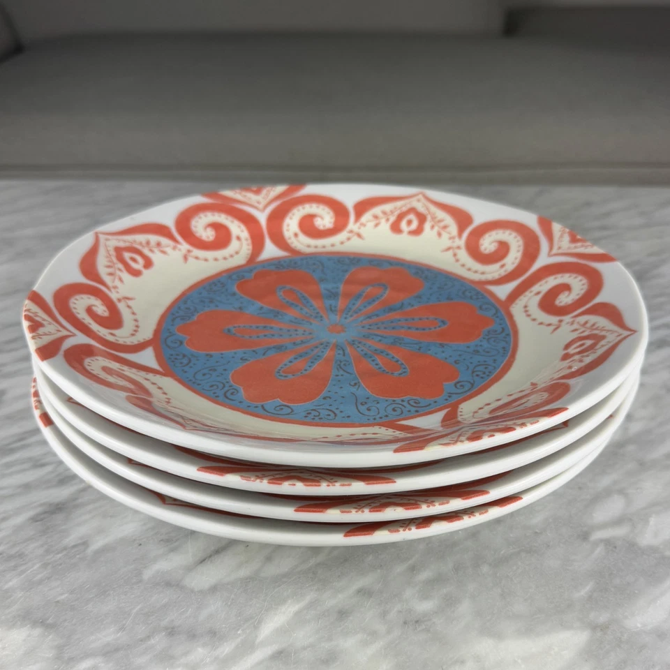 Set Of 4 Anthropologie 10.5" Dinner Plates Blue & Red Orange Flower Japan - Image 4 of 4