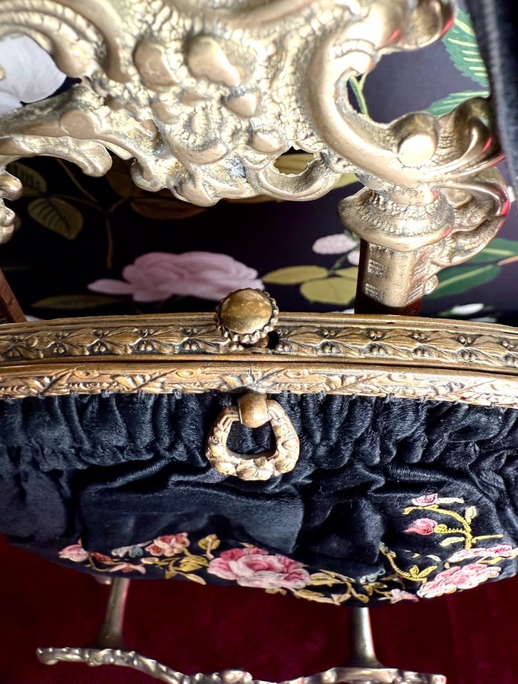 Antique French Evening Purse Early 1900s Embroidered Flowers Black - Image 3 of 3