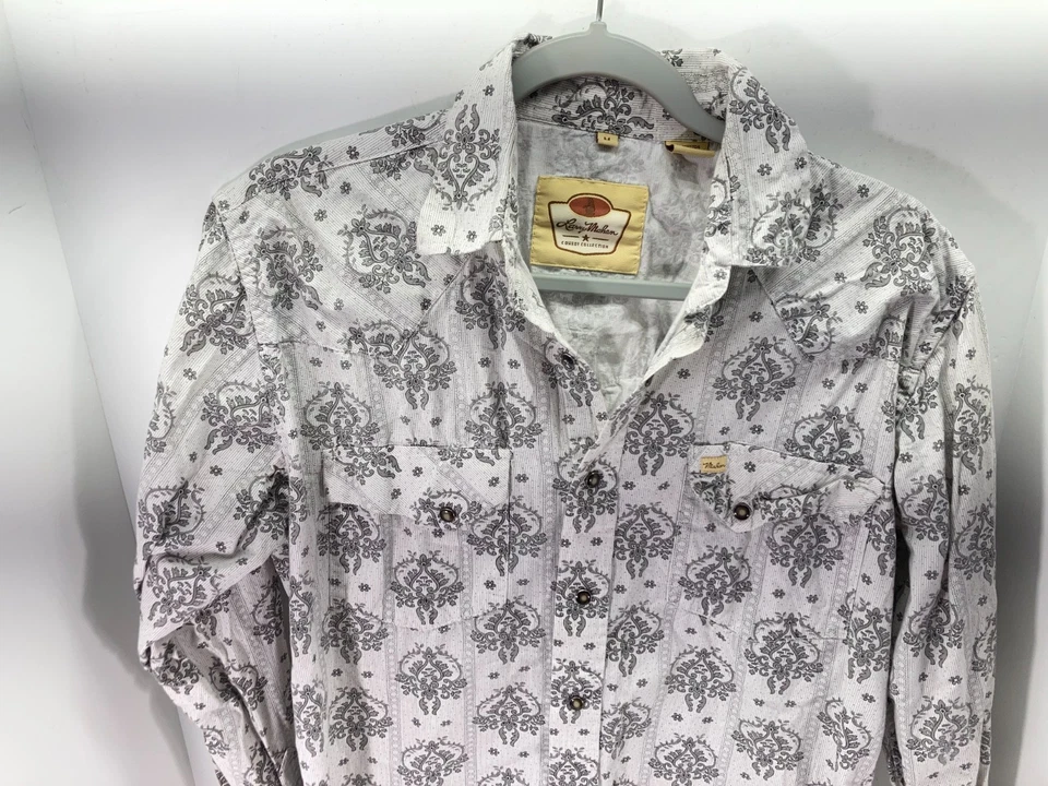 Camisa masculina Larry Mahan ocidental M branca paisley encaixe frontal cowboy bolsos logotipo - Imagem 2 de 4
