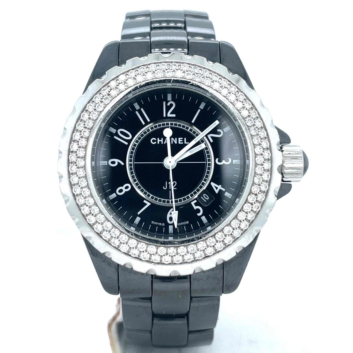 Chanel J12 Quartz 33mm Ceramic Factory Diamond Bezel Black Dial Ladies H0949