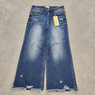 Risen Jeans Womens 1XL Blue High Rise Side Slit With Frayed Hem Ankle Wide Leg