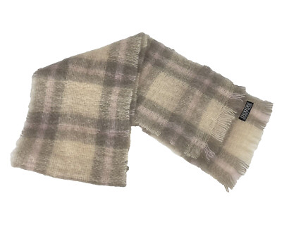 Vintage Foxford Mohair Wool Rectangle Scarf 9x58 Pink Gray Beige Plaid Ireland