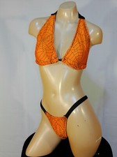 Exotic dancer stripper medium orange/black 2 piece bikini dance outfit-dancewear