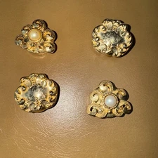Vintage Set of 4 Button Covers 3/4” Gold Tone Faux Pearl Ornate Nice Condition