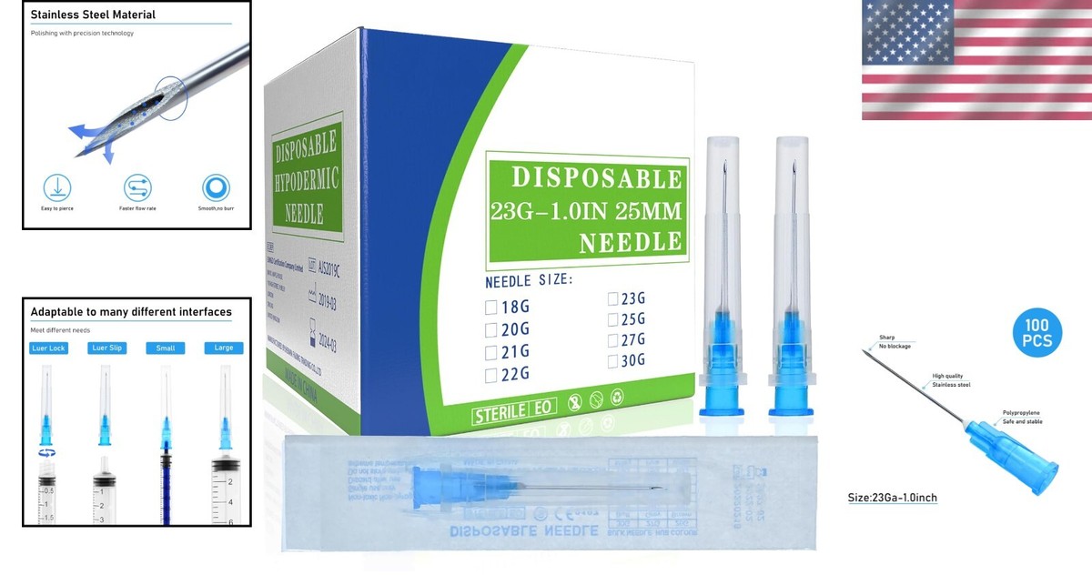 100 Pack 23G 1 Inch Lab Needls, Disposable Luer Lock 23G-1”, 100