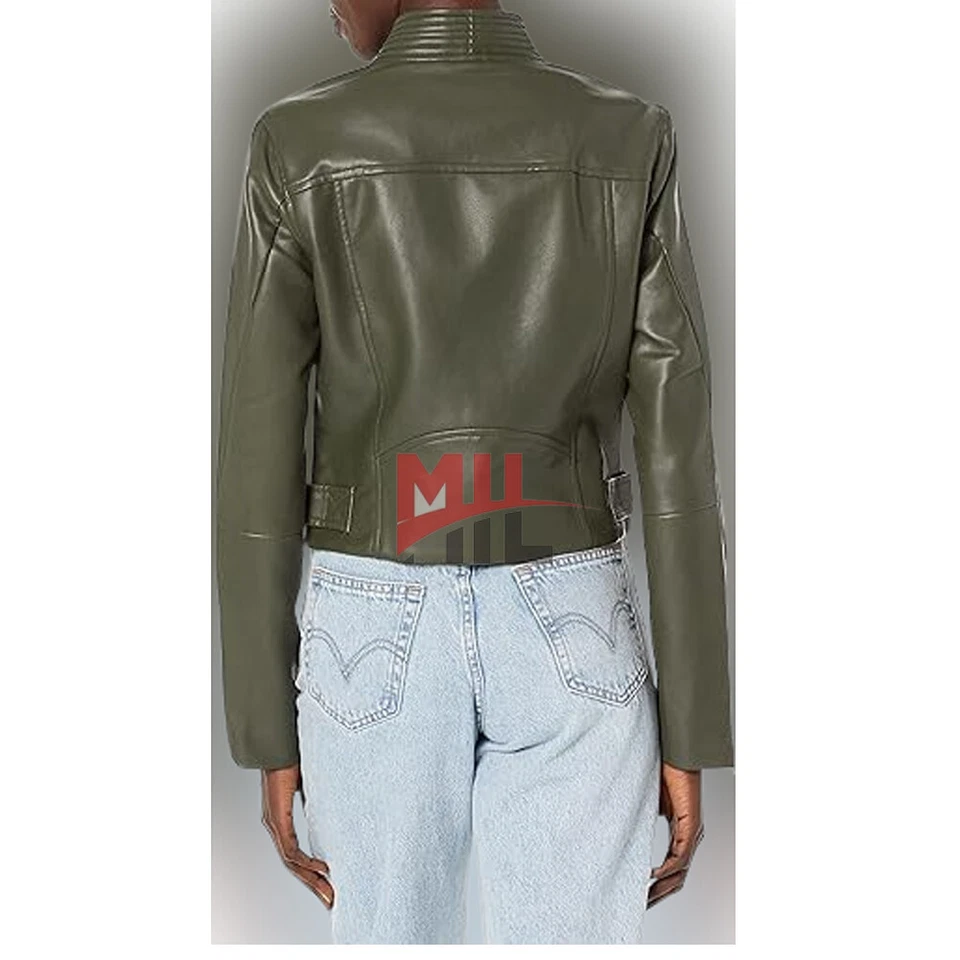 Abrigo de cuero puro de piel de cordero genuino gris hecho a mano para mujer, cómodo y elegante Foto 2 de 4