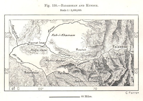 Badakhshan and Kunduz. Taleqan. Afghanistan. Sketch map 1885 old antique