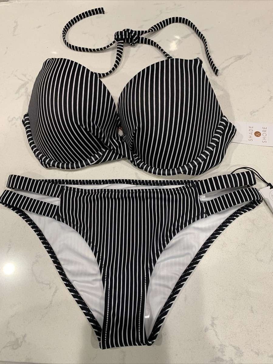 Shade Shore Set Blk and White Striped Bikini Top 34D Cheeky