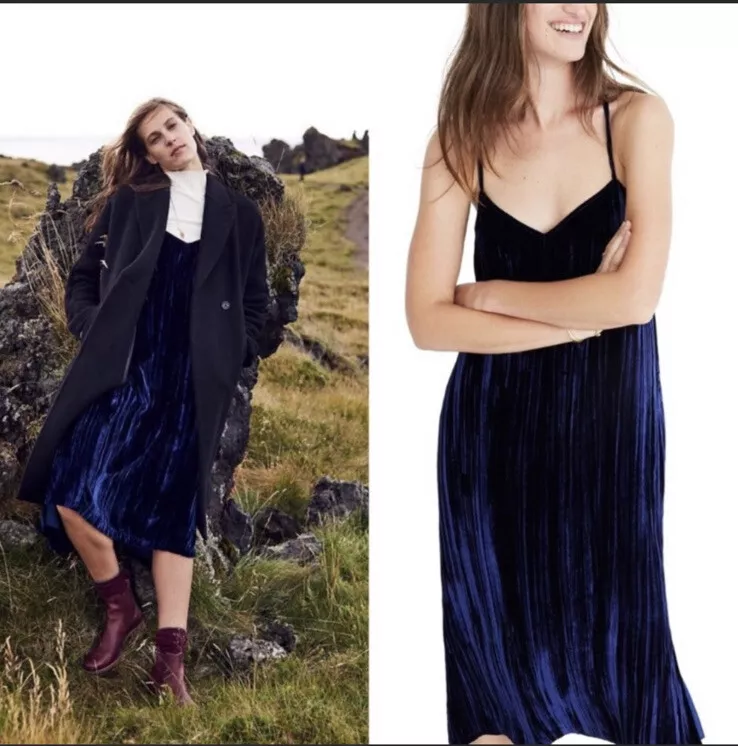 MADEWELL Womens Midnight Blue Crushed Velvet Midi Slip Dress XS Blogger Favorite