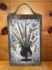Artist Signed Folk Art Wall Hanging Hand Painted Floral on Canvas on Barn Wood