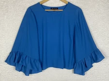 I.N.C. Blouse Womens Medium Blue Flare ruffle Sleeve party cropped