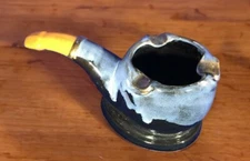 Vintage Pipe Shaped Ashtray Trinket Bowl Blue Drip Glaze 1950's Japan Tobacciana