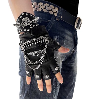 Punk Dancer Leather Fingerless Biker Skull Gloves With Chain