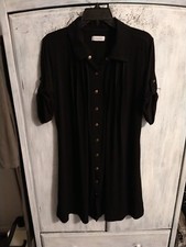 Calvin Klein Classy Pleated Button Up Tab Sleeve Knee Length Black Size P Dress