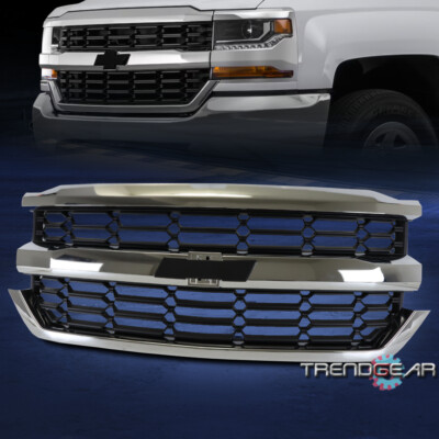 For 2016 2017 2018 Chevy Silverado 1500 Front Bumper Upper Grille Black/Chrome