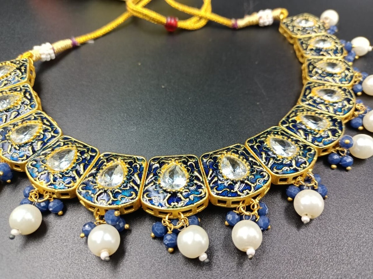 Kundan Meenakari Round Polki Necklace Earrings Set Blue Kundan Jewellery  Set