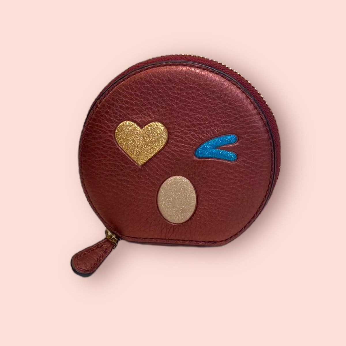 COACH Coin Purse Round Emoji Heart Glitter Bling Bordeaux Zip