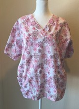 Women's Medium Butter-Soft Pink White Snowflake Print Scrub Top