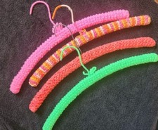 4 Vintage Knit Crochet Covered Clothes Hangers Pink Green Orange Multi Colors