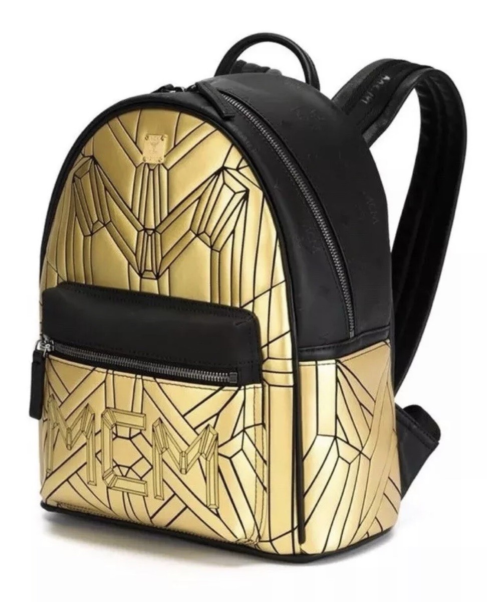 MCM Unisex Small Gold Black Leather Bionic Metallic Backpack