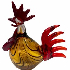 Hand Blown Art Glass Rooster Figurine   Red  Amber Swirl   Murano Style