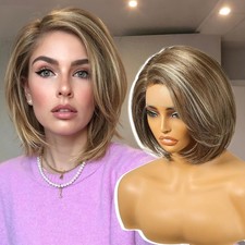 Short Bob Brown Mix Blonde Highlight 100% Human Hair Lace Front Wigs