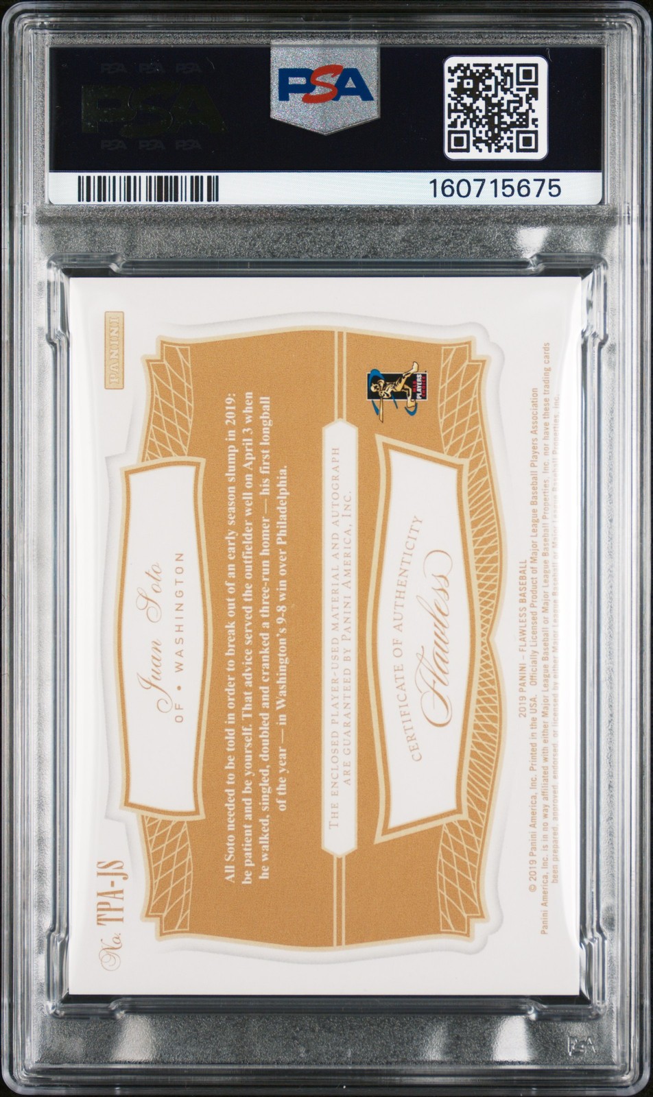 2019 PANINI FLAWLESS FLAWLESS ROOKIE TRIPLE PATCH AUTO JUAN SOTO 12/20 PSA 8 view 2