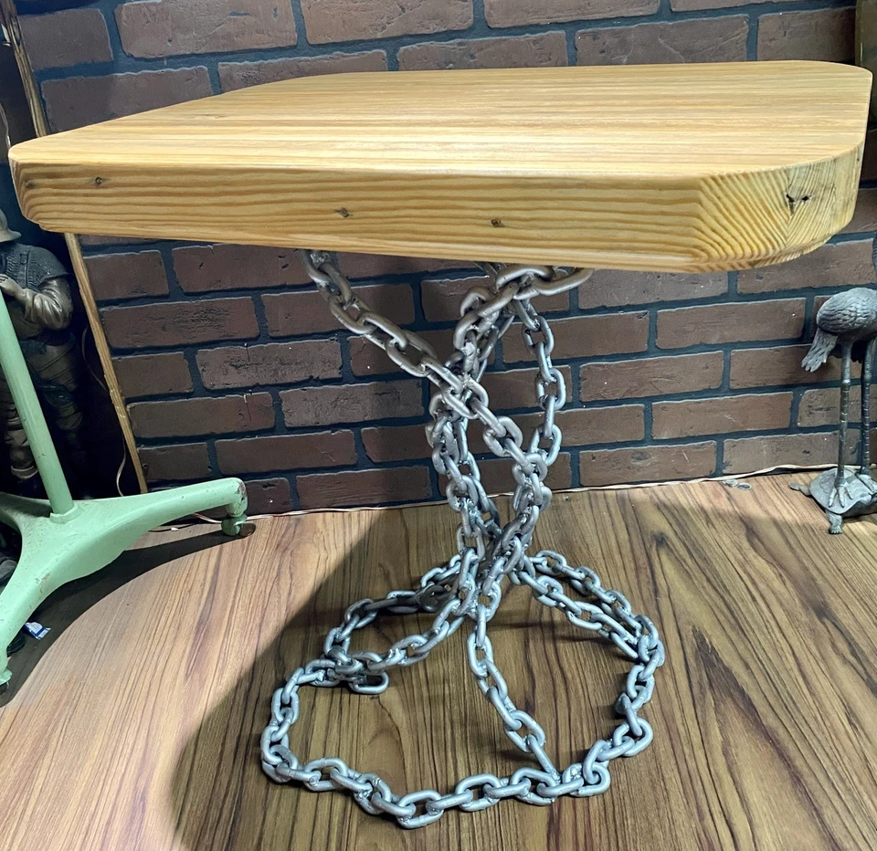 One of a kind Unique Custom Made Bowling Alley Lane Wood Top & Chain Link Table - Image 3 of 4
