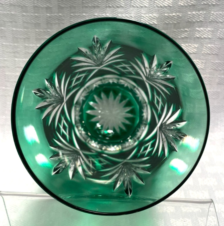 AJKA CAROLYNE HIGHBALL GLASS EMERALD GREEN CUT TO CLEAR CRYSTAL HUNGARY BOHEMIAN