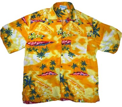 Fun-Wear Hawaiian Shirt Tropical Palm Tree Sunset Rayon Button Down Large Orange