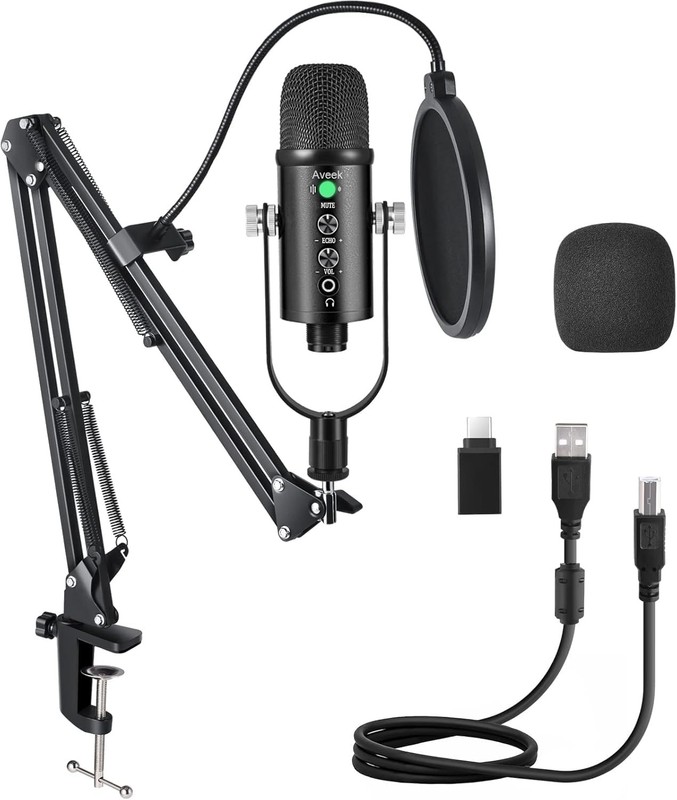 Aveek USB Microphone Kit, Metal Podcast Mic for PC Android Phone MacOS PS4&5, w