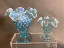 2 VTG Fenton Aqua Blue Opalescent Hobnail Ruffled-Rim Flare Vases-5.5 4