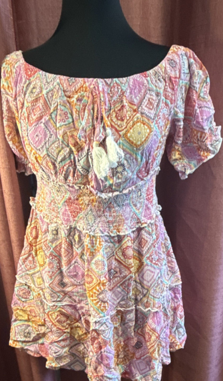 Charlotte Russe Pink Yellow Geometric Scoop Neck Puff Sleeve Tassel Romper M