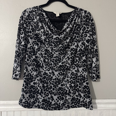 Laura Ashley Leopard Print Draped Neck 3/4 Sleeve Blouse Size PL Petite L