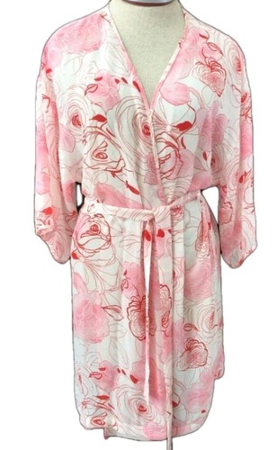 Beautiful Cato Satin White With Red Rose Print Robe Sz M - Picture 1 of 8