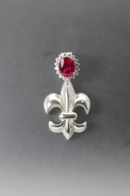 Sterling Silver 925 Red & Clear CZ Fleur De Lis Dangle Pendant 12.9 G PEN10280