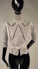 OVERLY FANCY EDWARDIAN WHITE COTTON BLOUISE W EMBROIDERY  LACE INSERTION