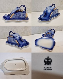 antike Käseglocke aus Porzellan Butterdose Staffordshire Kobaltblau Blumen Dekor