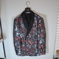 Vinci Philosophy Men's Tuxedo Jacket Black Red Silver Blue Formal Paisley