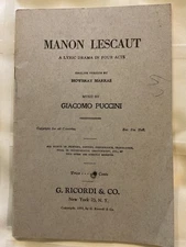 Manon Lescaut Giacomo Puccini Libretto SC English by Mowbray Marras G Ricordi