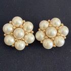 Vintage ''CINER'' Large Faux Pearl Gold Tone Flower Clip Earrings